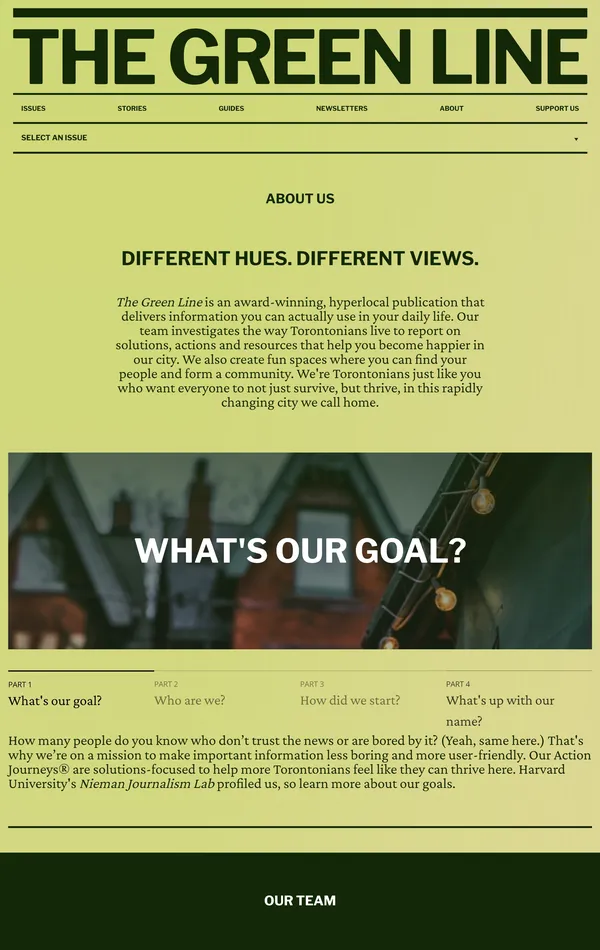 Страница о компании The Green Line, тематика — Комьюнити, цвета — Черный, Серый, Желтый, стиль — Корпоративный, типографика — Без засечек