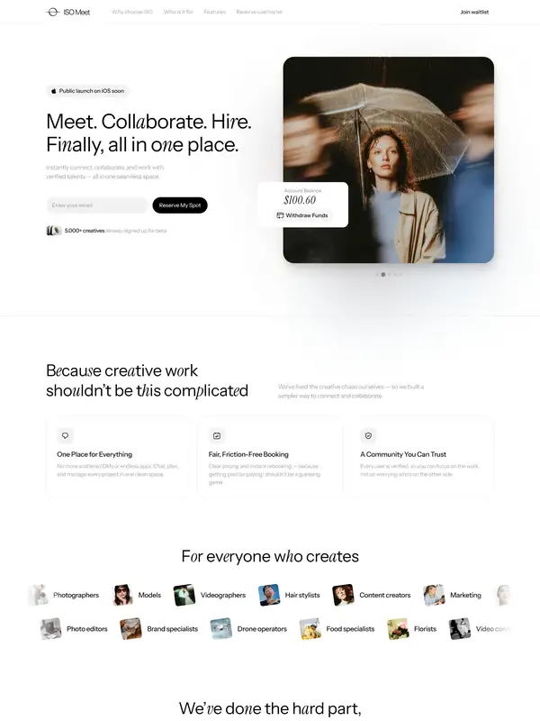 Лендинг ISO Meet, тематика — SaaS, цвета — Белый, Серый, стиль — Корпоративный, Минимализм, типографика — Без засечек