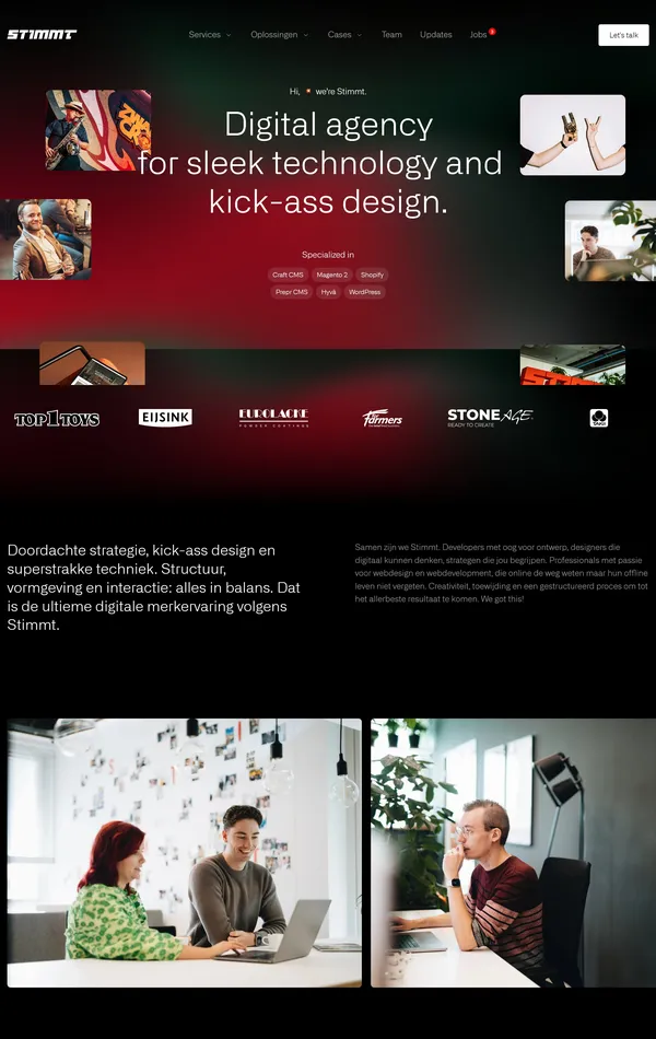 Главная Stimmt, тематика — Агентство , цвета — Черный, Серый, стиль — Корпоративный, Типографика, типографика — Без засечек