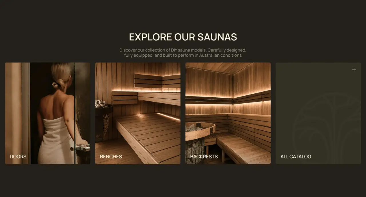Секция «Товары» с сайта https://saunaspirit.com.au/, тематика — Другое, цвета — Черный, Коричневый, стиль — Карточный, Минимализм, типографика — Без засечек
