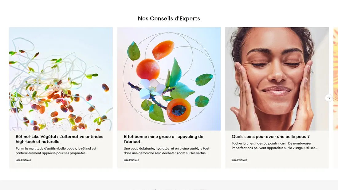 Секция «Блог» с сайта https://patyka.com/, тематика — Красота, цвета — Белый, стиль — Корпоративный, Минимализм, типографика — Без засечек