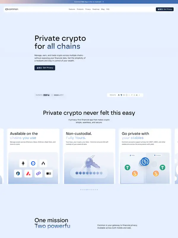 Лендинг Common, тематика — Крипто  и блокчейн, цвета — Белый, Черный, стиль — Корпоративный, Минимализм, типографика — Без засечек
