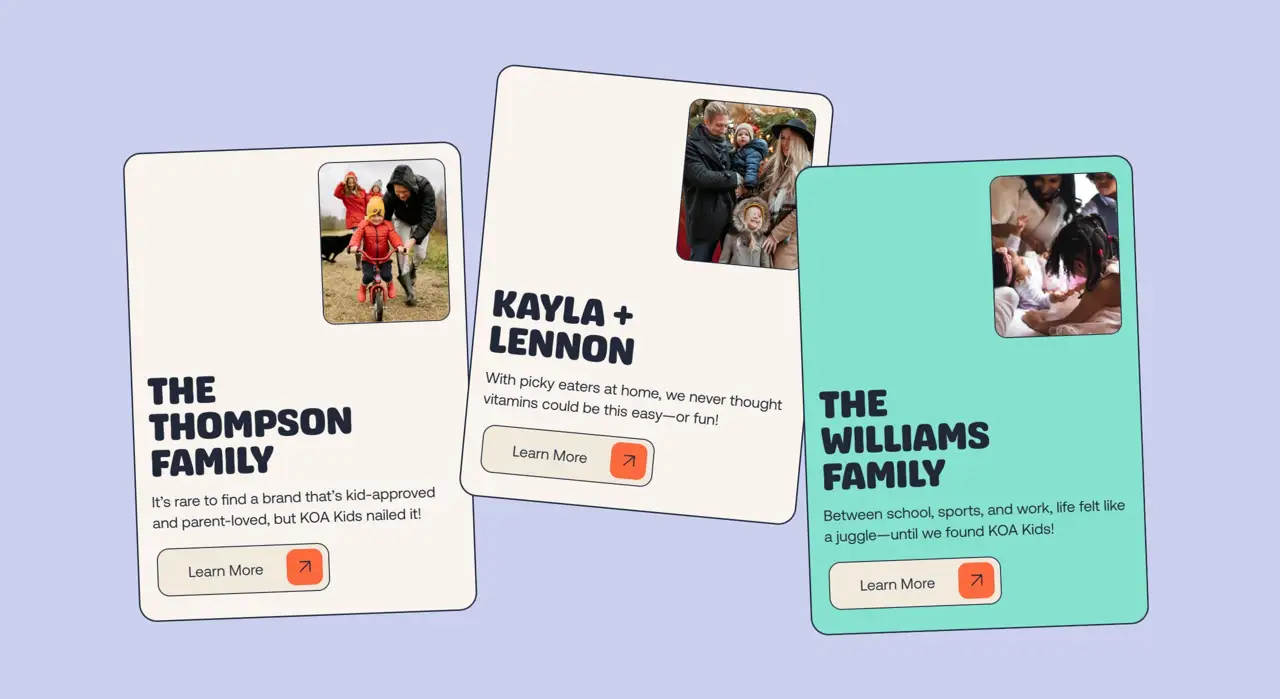 Секция «Отзывы» с сайта https://www.koakids.com.au/, тематика — Интернет-магазин, цвета — Белый, Серый, стиль — Карточный, Минимализм, типографика — Без засечек, Декоративные