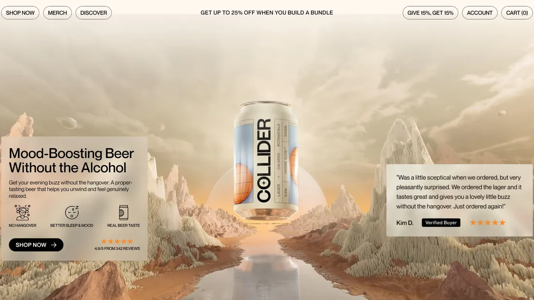 Секция «Первый экран» с сайта https://www.drinkcollider.com/, тематика — Еда и напитки, цвета — Белый, Серый, стиль — Корпоративный, типографика — Без засечек