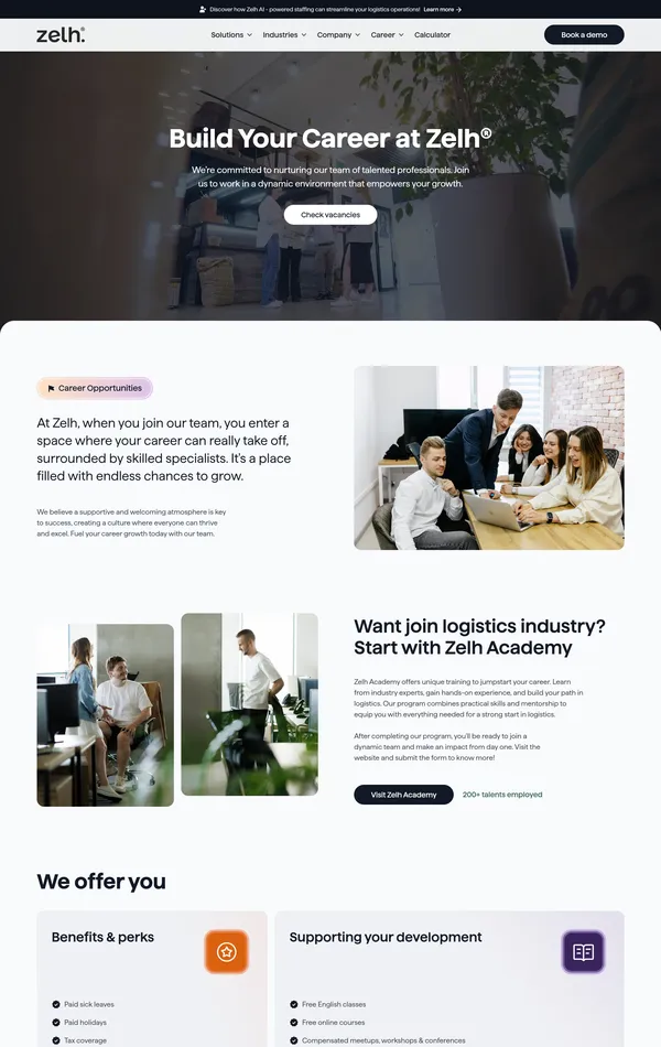 Страница карьеры Zelh, тематика — Бизнес и профессиональные услуги, цвета — Белый, Черный, Серый, стиль — Корпоративный, типографика — Без засечек