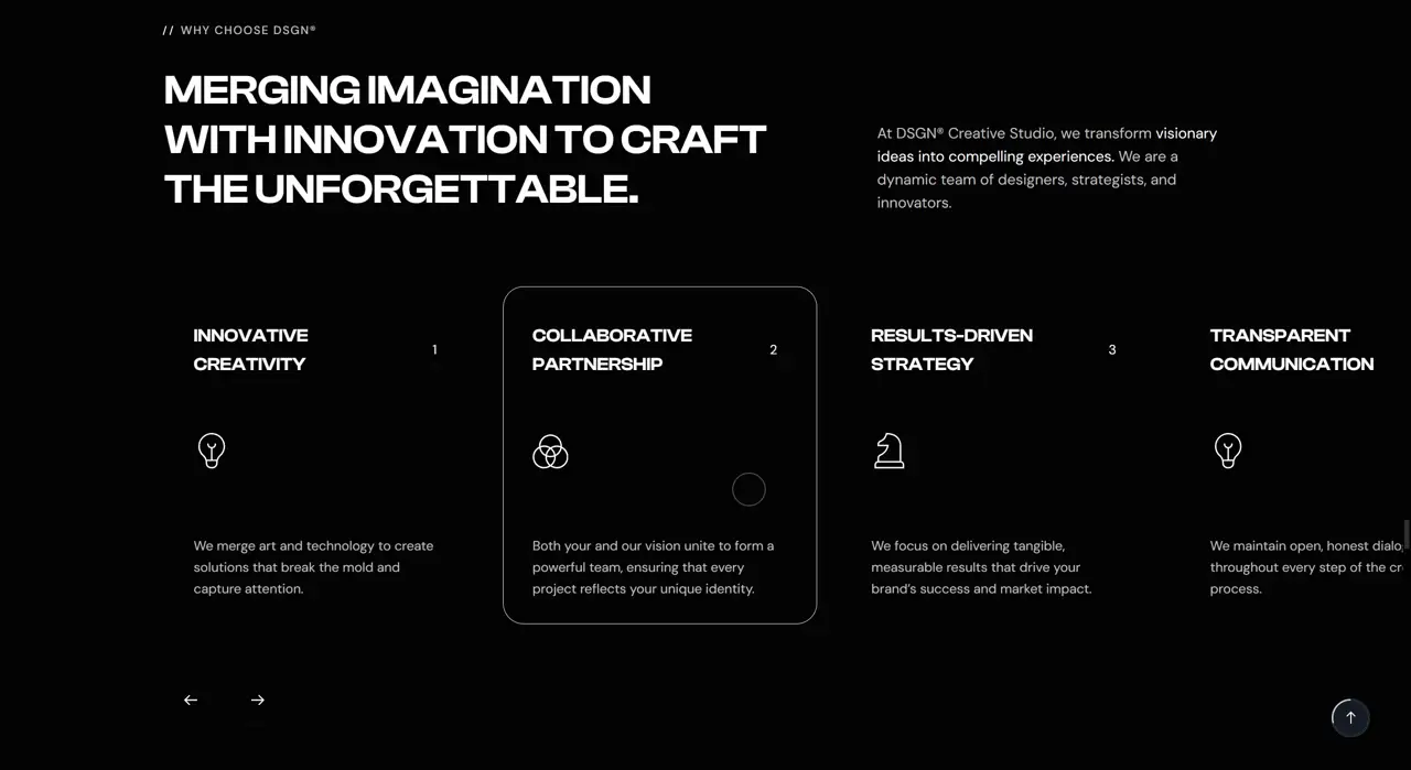 Секция «Преимущества» с сайта https://dsgngroup.it/, тематика — Дизайн, цвета — Черный, стиль — Корпоративный, Карточный, типографика — Без засечек, Декоративные