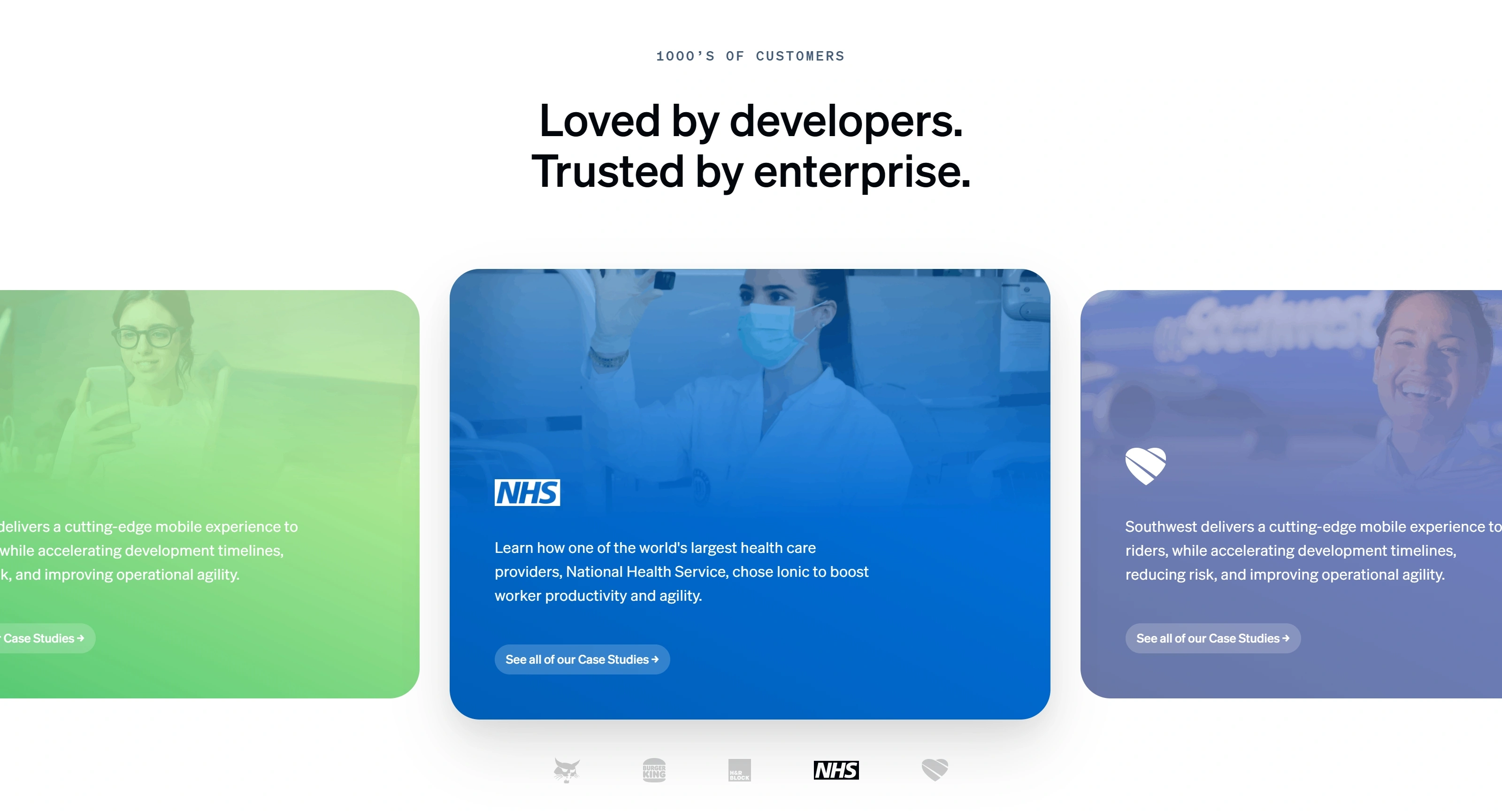 Ionic Секция «Кейсы» с сайта https://ionic.io/, тематика — IT и программное обеспечение, цвета — Белый, Серый, Синий, стиль — Корпоративный, Карточный, типографика — Без засечек