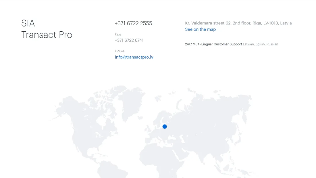 Секция «Контакты» с сайта https://www.transactpro.eu/en/, тематика — Финансы, цвета — Белый, стиль — Корпоративный, Минимализм, типографика — Без засечек