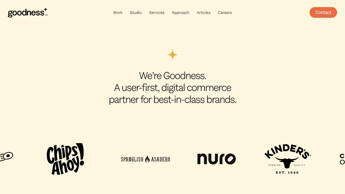 Секция «Первый экран» с сайта https://www.goodness.inc/, тематика — Агентство , цвета — Белый, стиль — Корпоративный, Минимализм, типографика — Без засечек