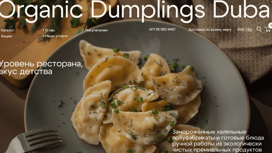 Секция «Первый экран» с сайта https://organicdumplings.ae/ru, тематика — Еда и напитки, цвета — Черный, Серый, Коричневый, стиль — Корпоративный, типографика — Без засечек