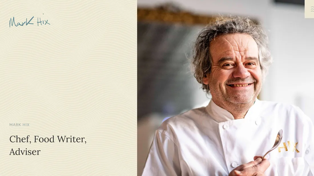 Секция «Первый экран» с сайта https://markhix.co.uk/, тематика — Еда и напитки, цвета — Белый, Серый, стиль — Корпоративный, Минимализм, типографика — С засечками, Без засечек, Рукописные