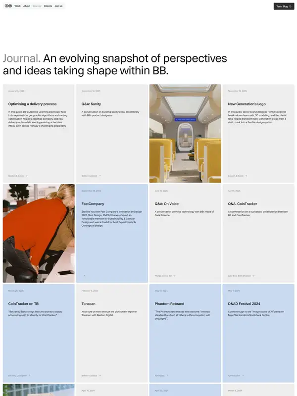 Блог Bakken & Bæck, тематика — Дизайн, цвета — Белый, Серый, стиль — Карточный, Минимализм, типографика — Без засечек