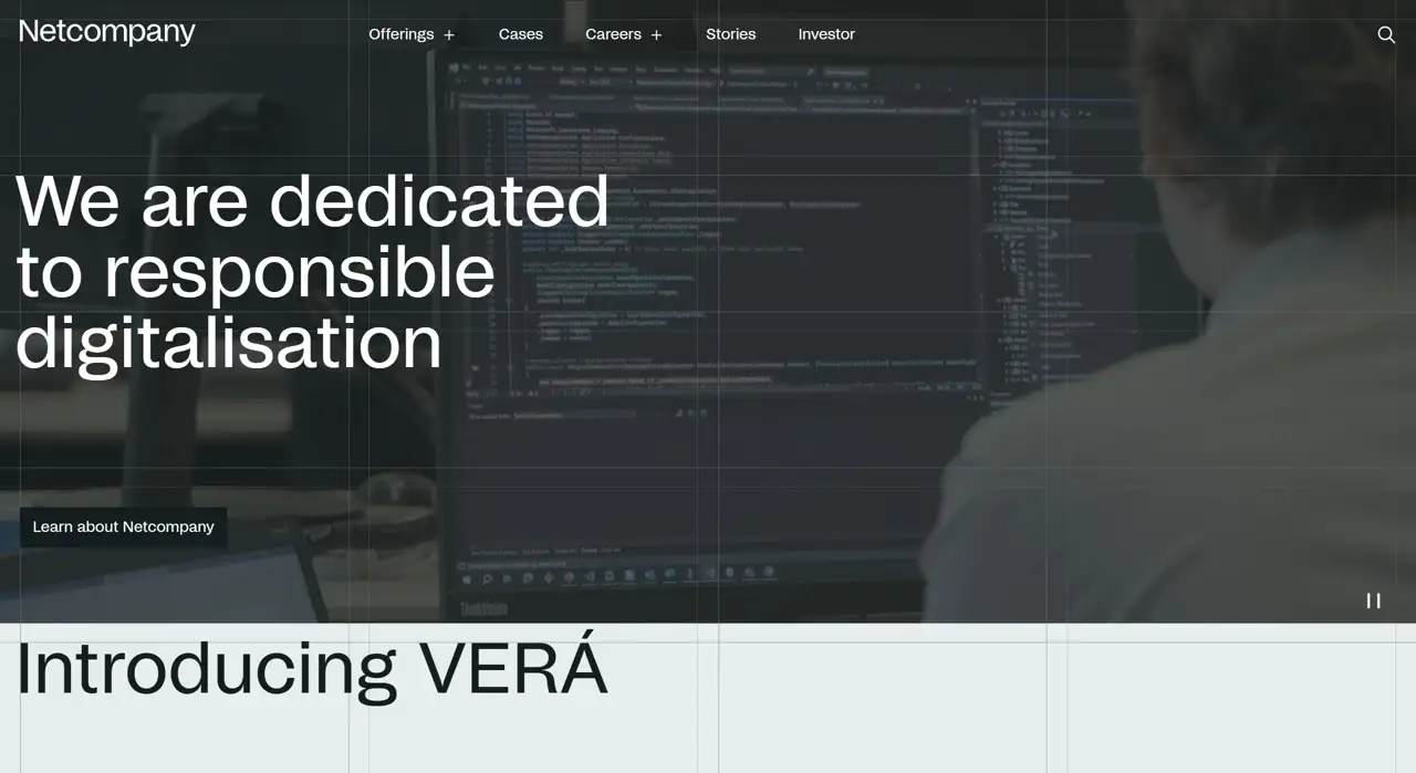 Секция «Первый экран» с сайта https://netcompany.com/, тематика — IT и программное обеспечение, цвета — Белый, Черный, Серый, стиль — Корпоративный, Минимализм, типографика — Без засечек