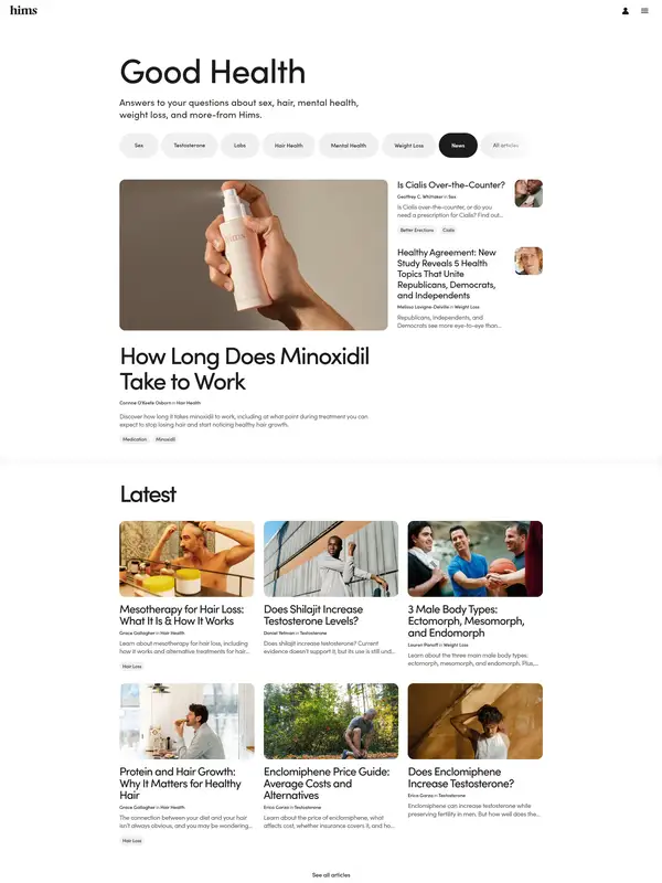 Многостраничный сайт Hims, тематика — Здоровье и фитнес, цвета — Белый, Серый, стиль — Карточный, Минимализм, типографика — Без засечек