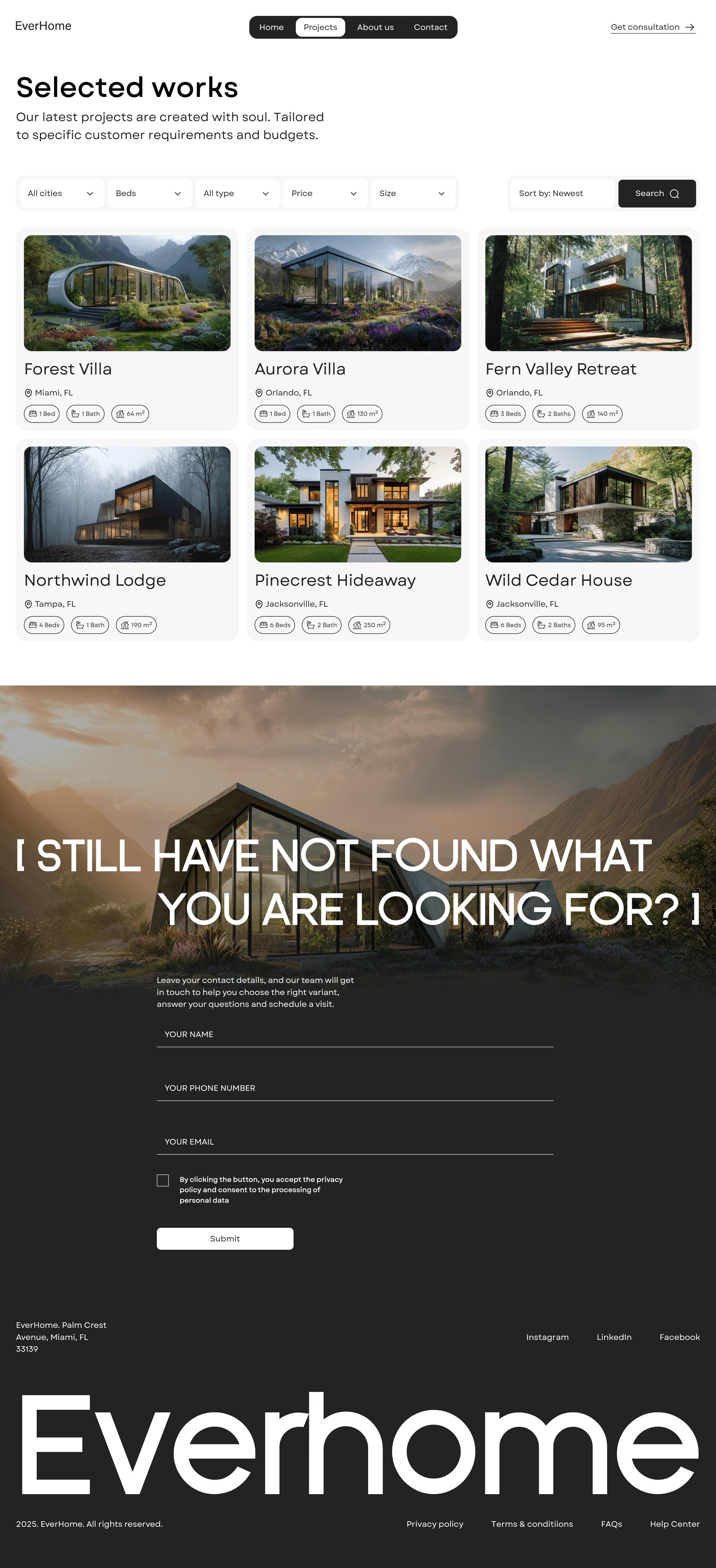 EverHome Портфолио EverHome, тематика — Недвижимость, цвета — Белый, Черный, Серый, стиль — Карточный, Минимализм, типографика — Без засечек