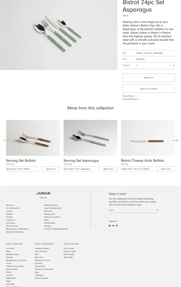 Секция «О продукте» с сайта https://www.jardan.com.au/, тематика — Интернет-магазин, цвета — Белый, стиль — Корпоративный, Минимализм, типографика — Без засечек