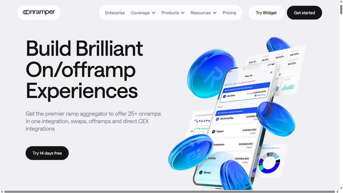 Секция «Первый экран» с сайта https://www.onramper.com/, тематика — Крипто  и блокчейн, цвета — Белый, стиль — Корпоративный, Полигональный, типографика — Без засечек