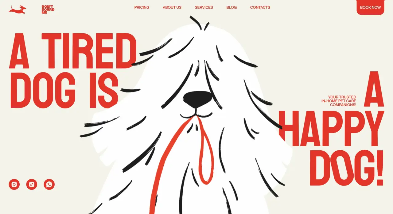 Секция «Первый экран» с сайта https://dontboardme.com/, тематика — Домашние животные, цвета — Белый, Розовый, стиль — Рисованный, Минимализм, типографика — Декоративные