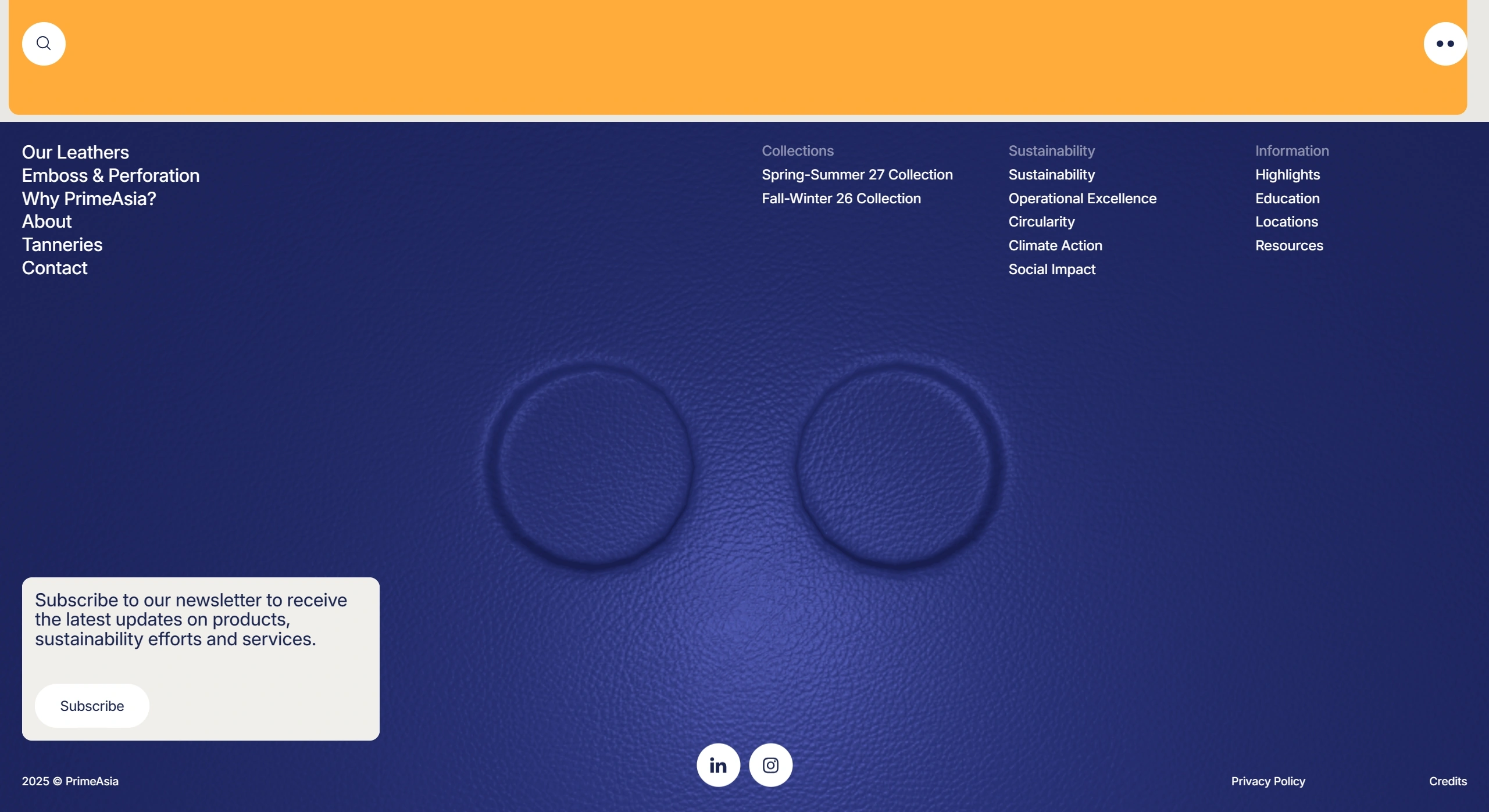 PrimeAsia Секция «Футер» с сайта https://www.primeasialeather.com/, тематика — Производство, цвета — Черный, Оранжевый, стиль — Корпоративный, Минимализм, типографика — Без засечек