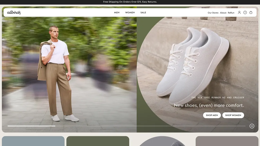 Секция «Первый экран» с сайта https://www.allbirds.com/, тематика — Интернет-магазин, Одежда, цвета — Белый, Серый, стиль — Корпоративный, Минимализм, типографика — Без засечек