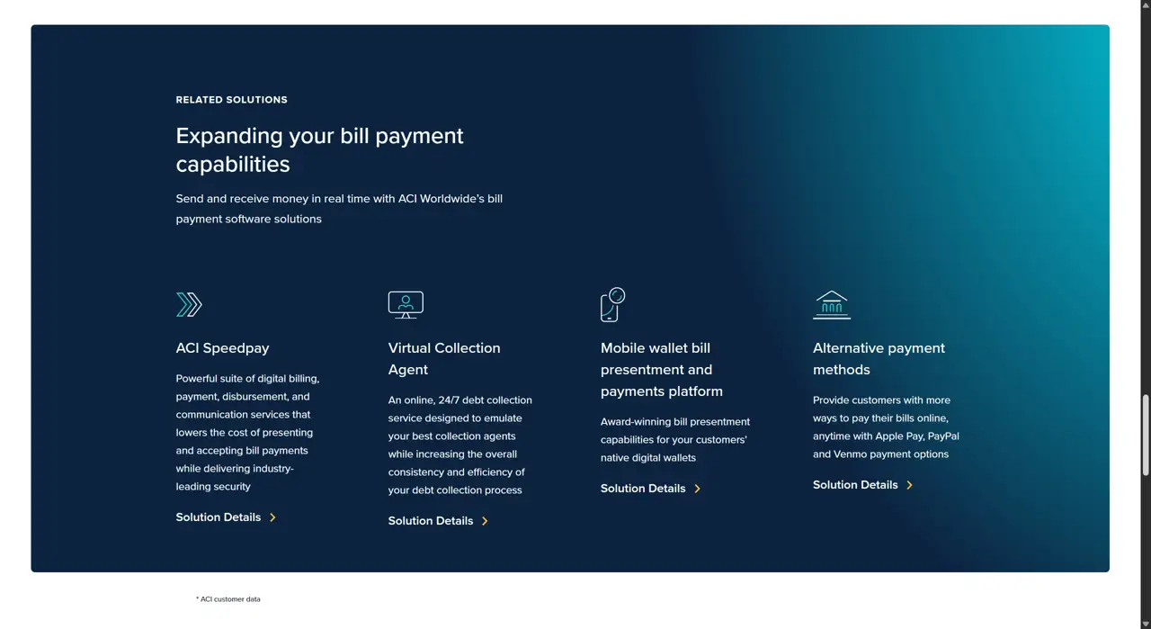 Секция «Услуги» с сайта https://www.aciworldwide.com/, тематика — Финансы, цвета — Черный, Синий, стиль — Корпоративный, Карточный, типографика — Без засечек