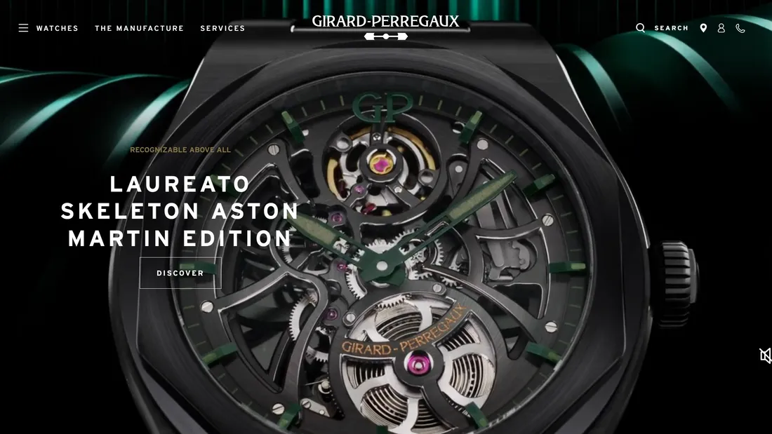 Секция «Первый экран» с сайта https://www.girard-perregaux.com/, тематика — Интернет-магазин, цвета — Черный, Серый, стиль — Корпоративный, Минимализм, типографика — Без засечек