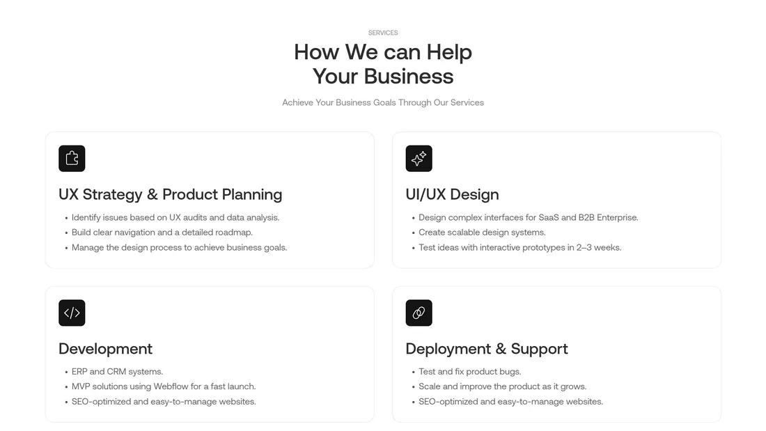 Секция «Услуги» с сайта https://www.equal.design/, тематика — IT и программное обеспечение, Бизнес и профессиональные услуги, цвета — Белый, стиль — Минимализм, типографика — Без засечек
