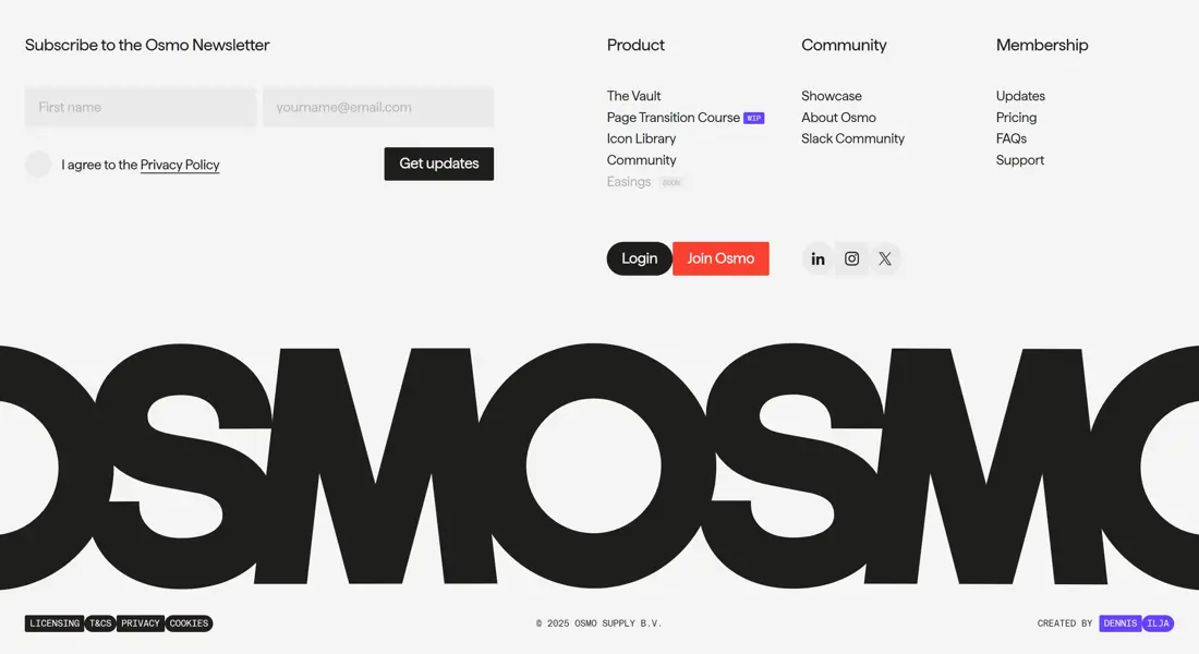 Секция «Футер» с сайта https://www.osmo.supply/, тематика — Дизайн, цвета — Белый, Черный, стиль — Минимализм, типографика — Без засечек