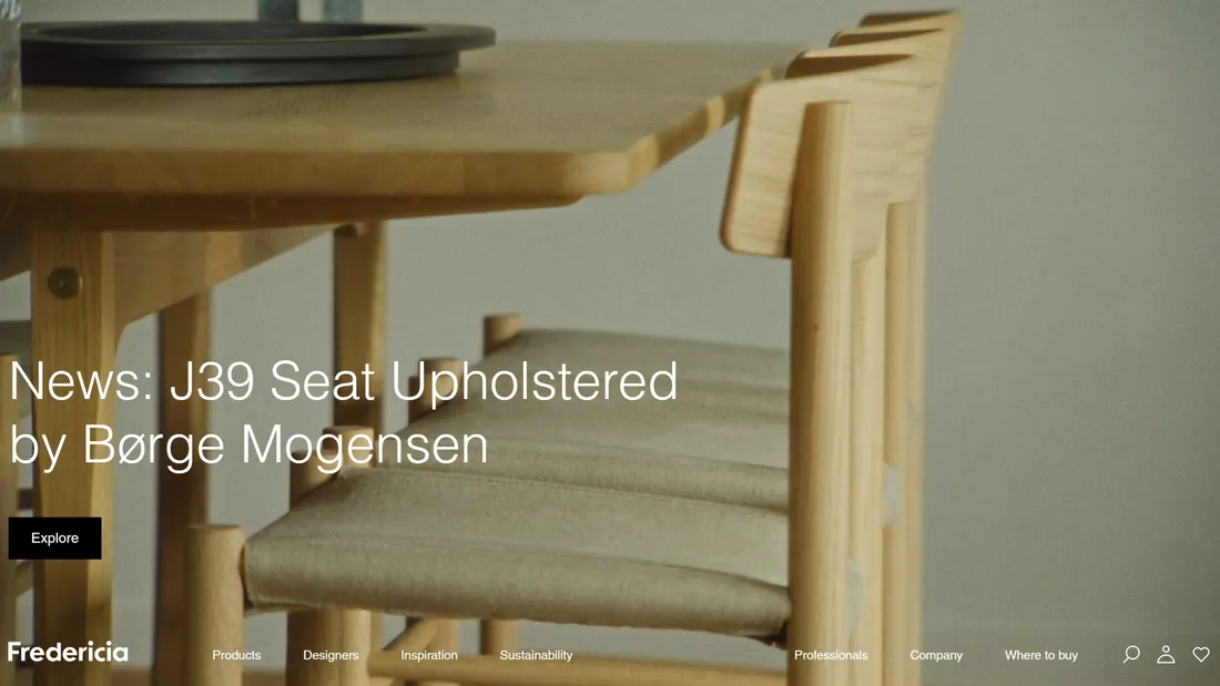 Секция «Первый экран» с сайта https://www.fredericia.com/, тематика — Дизайн, цвета — Черный, Серый, Коричневый, стиль — Минимализм, типографика — Без засечек