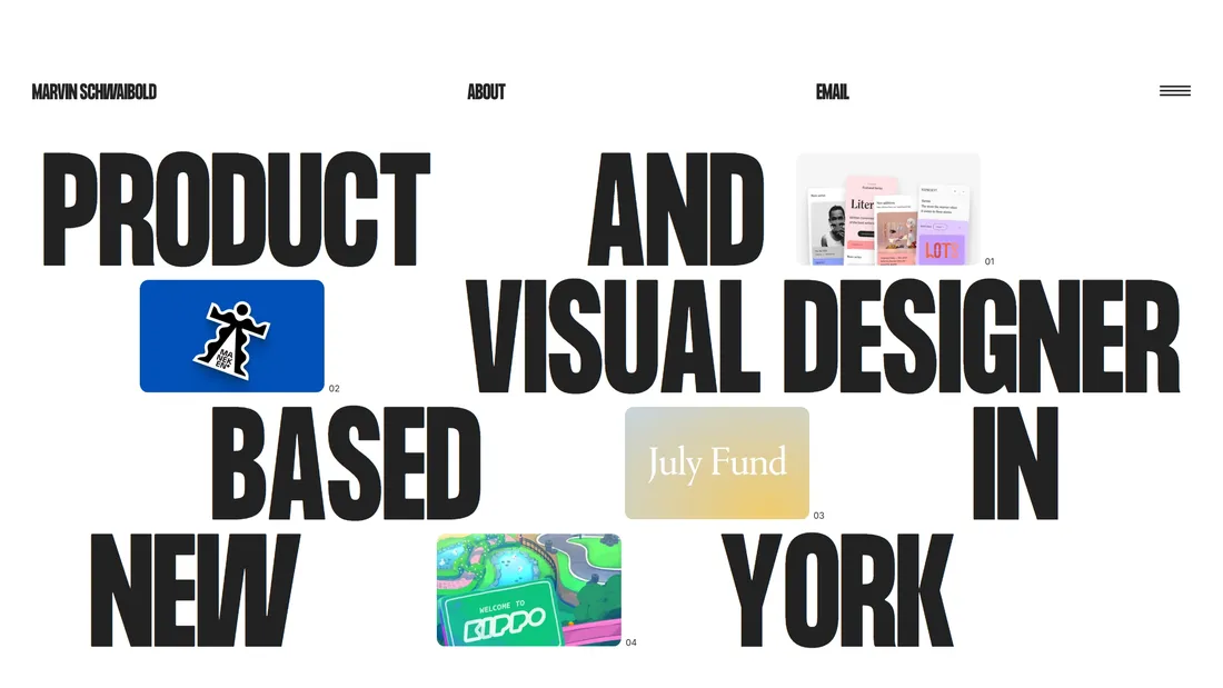 Секция «Первый экран» с сайта https://2022.marvinschwaibold.com/, тематика — Дизайн, цвета — Белый, Черный, Серый, стиль — Типографика, Брутализм, типографика — Без засечек