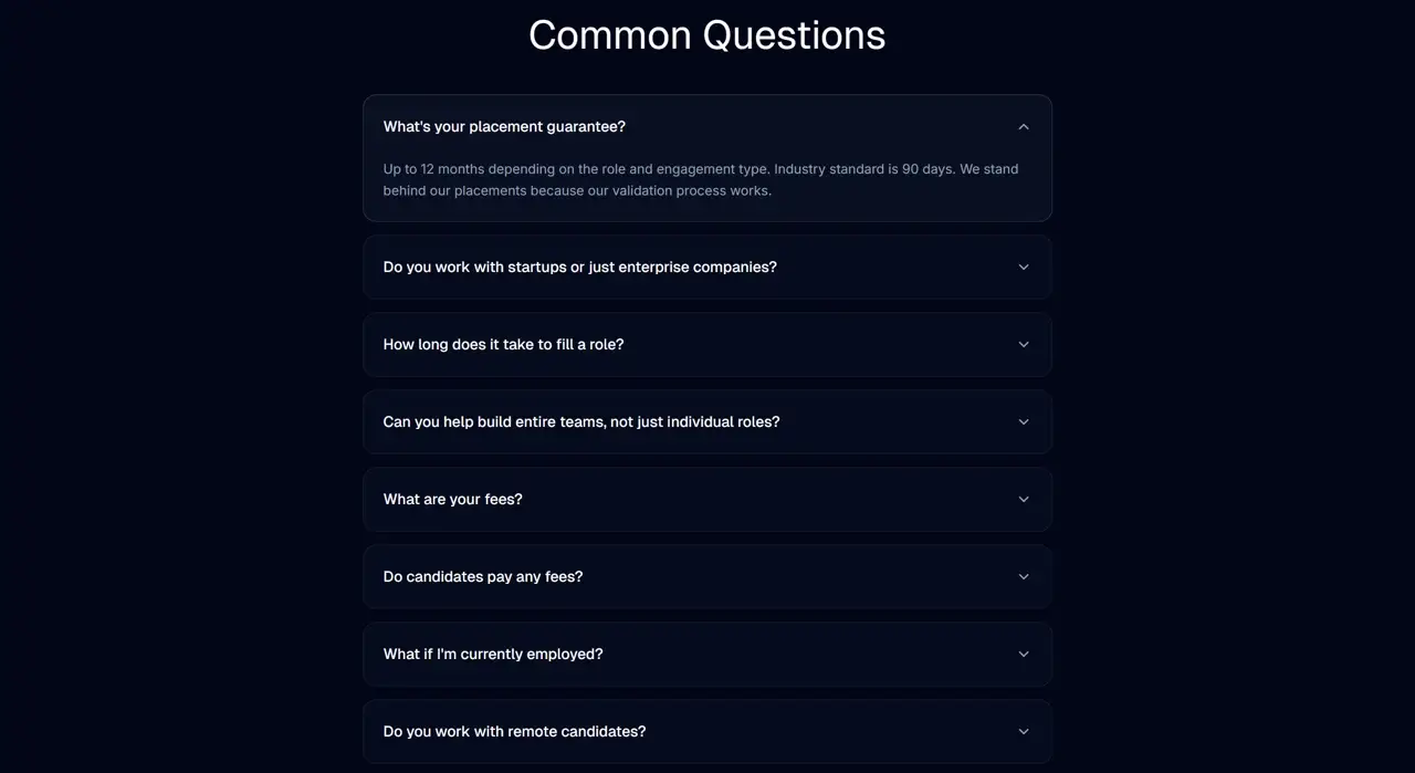 Секция «FAQ» с сайта https://hqhr.com/#, тематика — HR, цвета — Черный, стиль — Корпоративный, Минимализм, типографика — Без засечек