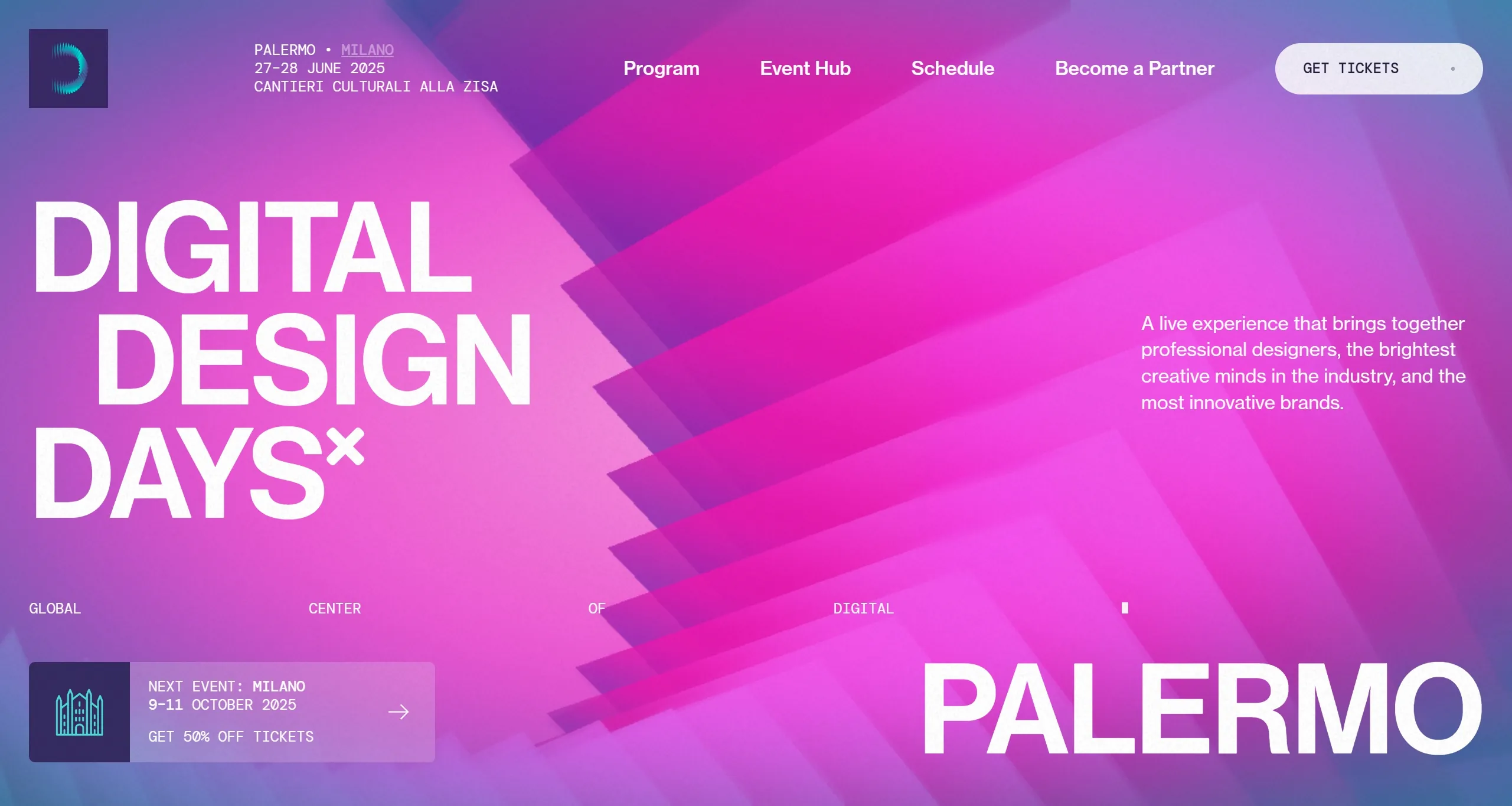 Digital Design Days Секция «Первый экран» с сайта https://palermo.ddd.live/, тематика — Мероприятия, цвета — Розовый, Фиолетовый, стиль — Фестивальный, типографика — Без засечек