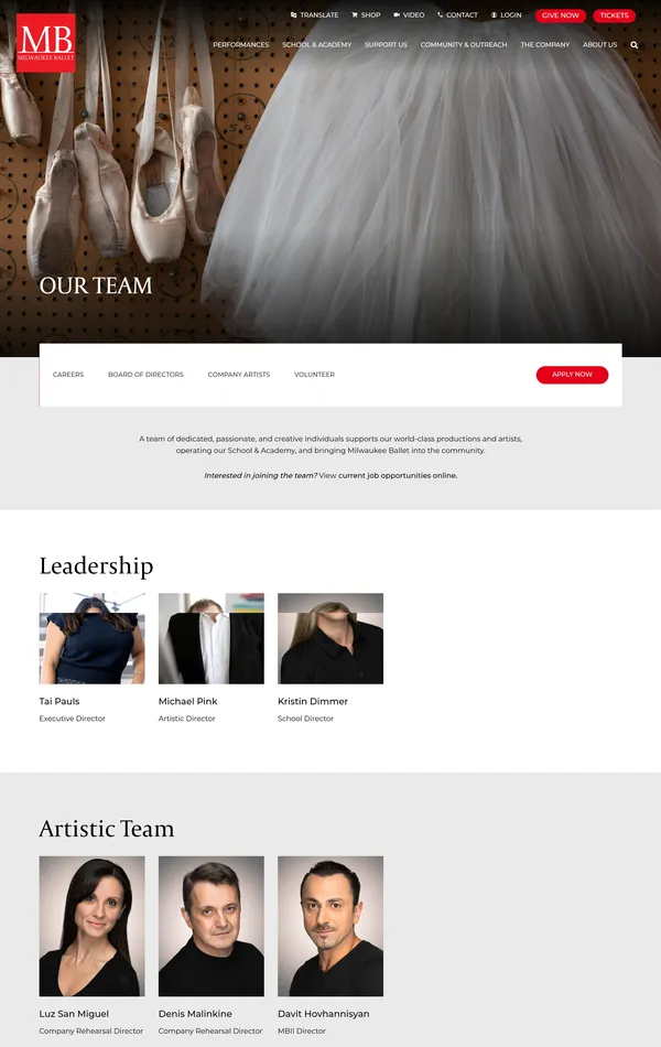 Страница о компании Milwaukee Ballet, тематика — Искусство, цвета — Белый, Серый, стиль — Классический, типографика — Без засечек