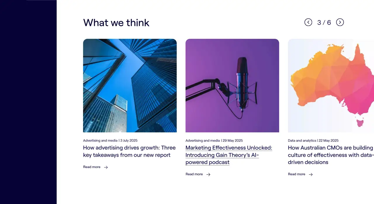 Секция «Контент» с сайта https://gaintheory.com/, тематика — Маркетинг, цвета — Белый, Черный, Серый, стиль — Корпоративный, Карточный, Полигональный, типографика — Без засечек