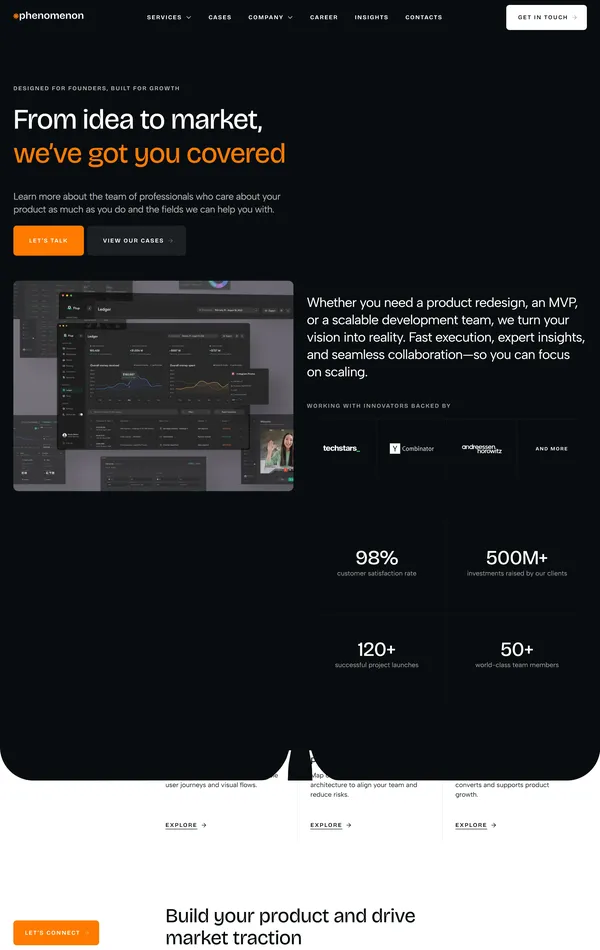 Услуги Phenomenon, тематика — IT и программное обеспечение, Бизнес и профессиональные услуги, цвета — Белый, Черный, стиль — Корпоративный, Минимализм, типографика — Без засечек