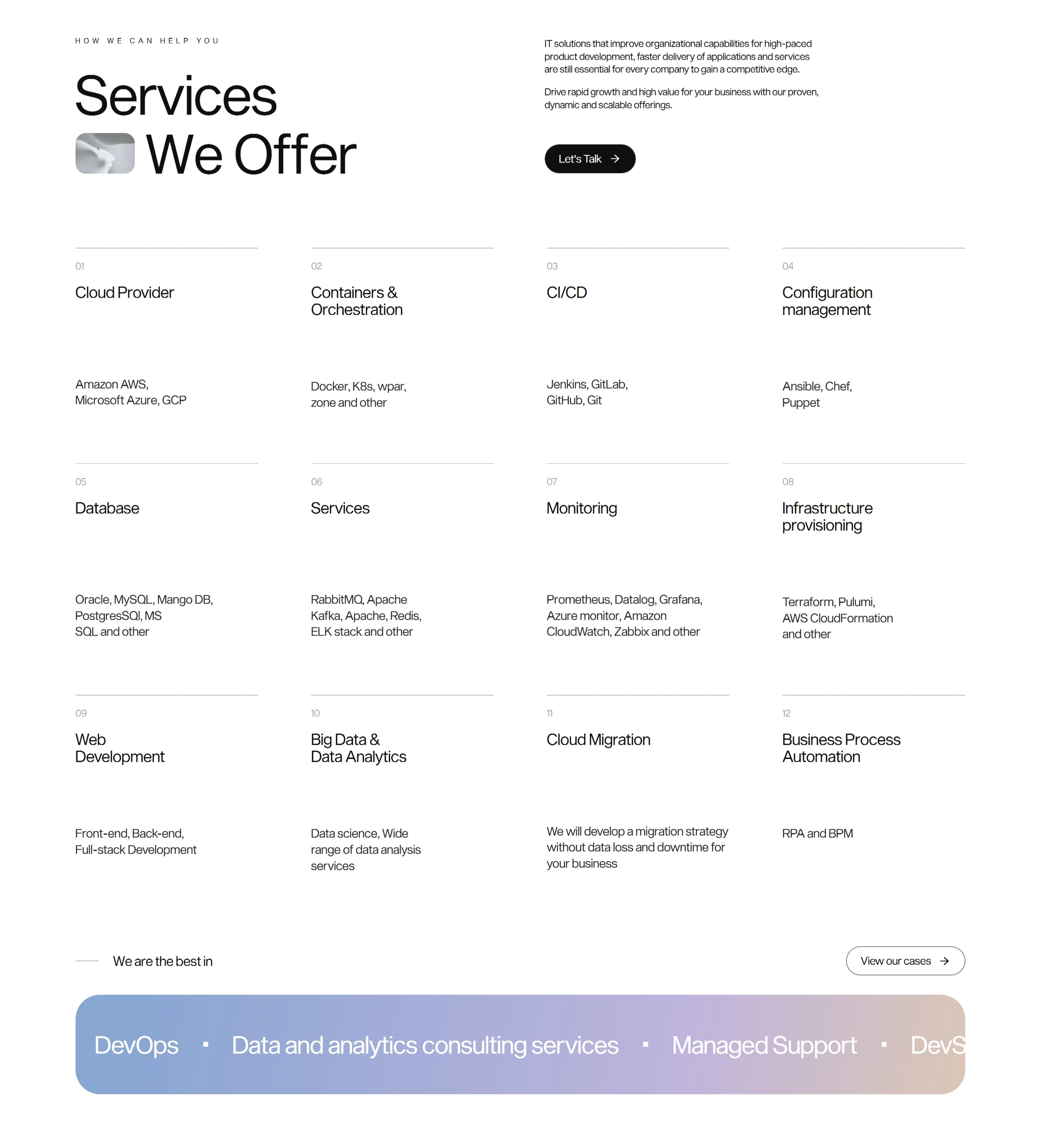 Xizt Agency Секция «Услуги» с сайта https://xiztdevops.com/, тематика — IT и программное обеспечение, цвета — Белый, Серый, стиль — Корпоративный, Минимализм, типографика — Без засечек