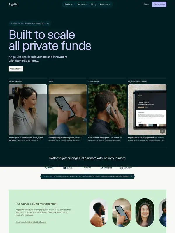 Главная AngelList, тематика — SaaS, цвета — Черный, Серый, Коричневый, стиль — Корпоративный, Минимализм, типографика — Без засечек