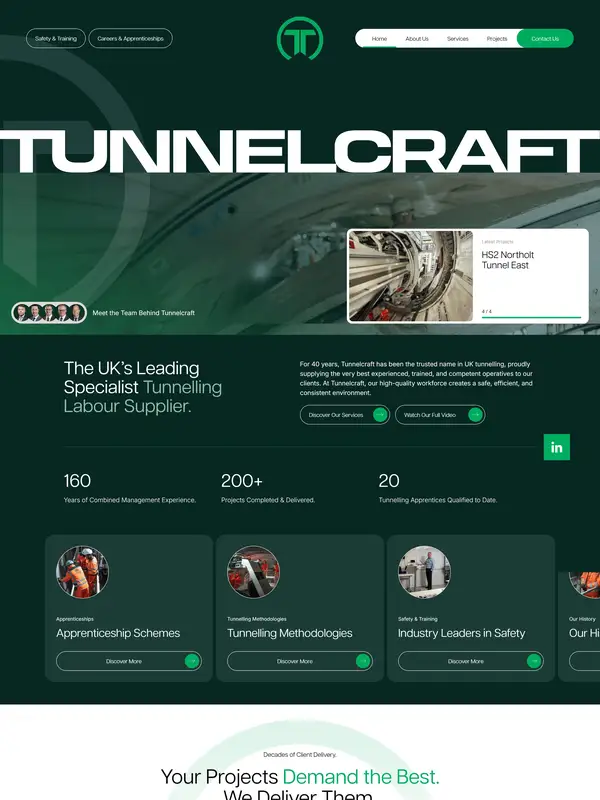 Главная Tunnelcraft, тематика — Другое, цвета — Белый, Черный, Серый, стиль — Корпоративный, Карточный, типографика — Без засечек, Декоративные