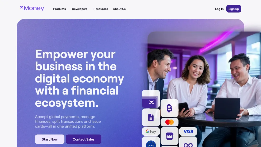 Секция «Первый экран» с сайта https://www.xmoney.com/, тематика — Финансы, Крипто  и блокчейн, цвета — Белый, Серый, Фиолетовый, стиль — Корпоративный, типографика — Без засечек