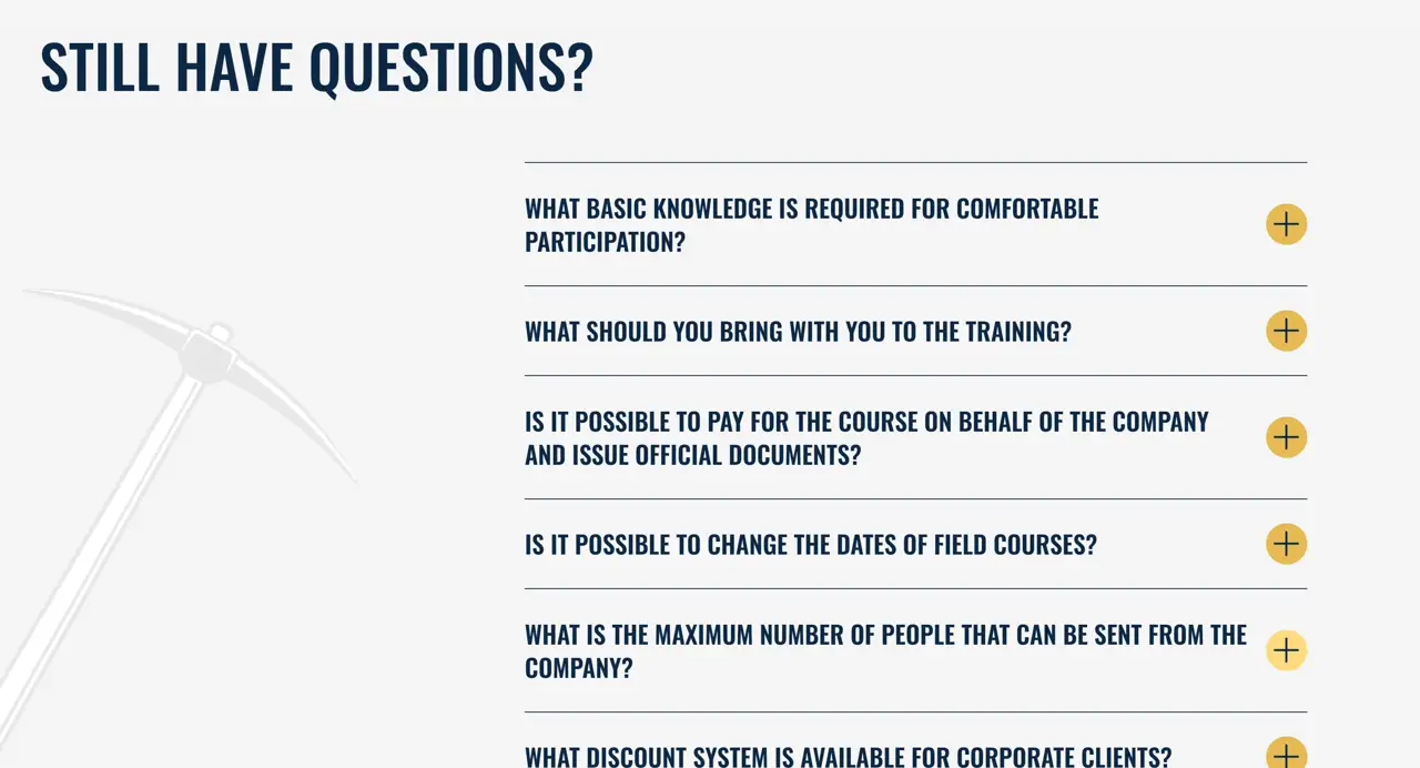 Секция «FAQ» с сайта https://en.azgeology.kz/, тематика — Образование, цвета — Белый, Серый, стиль — Корпоративный, Минимализм, типографика — Без засечек