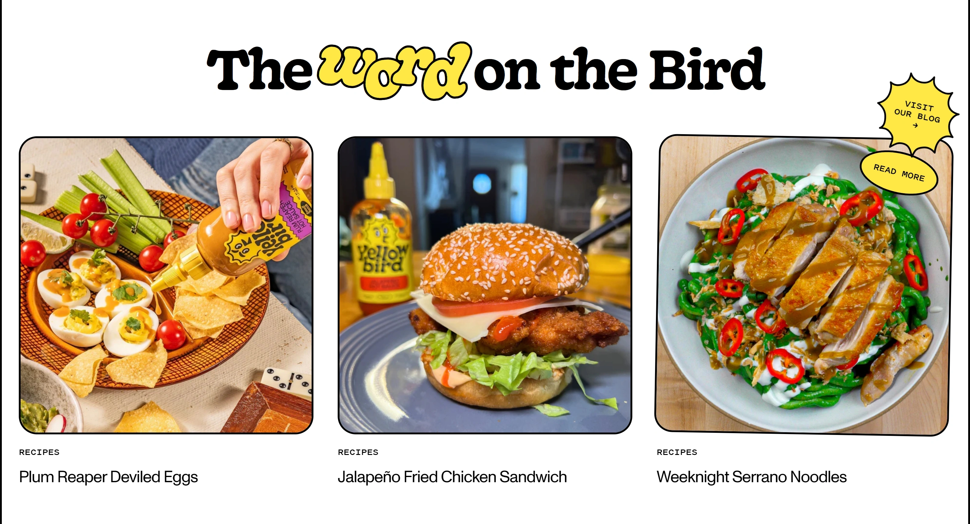 Yellowbird Секция «Блог» с сайта https://www.yellowbirdfoods.com/, тематика — Еда и напитки, цвета — Белый, Серый, Коричневый, стиль — Карточный, типографика — Без засечек, Декоративные