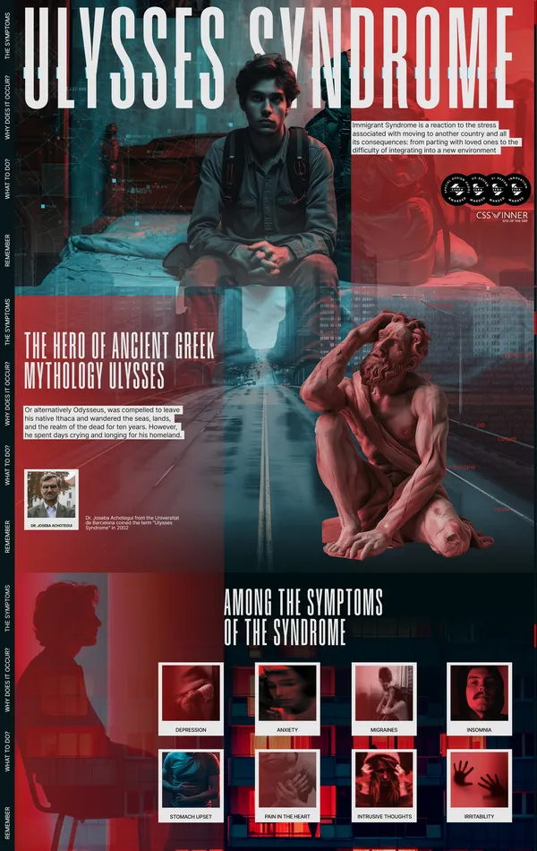 Лендинг Ulysses Syndrome, тематика — Психология, цвета — Черный, Серый, Коричневый, стиль — Типографика, Брутализм, типографика — Без засечек