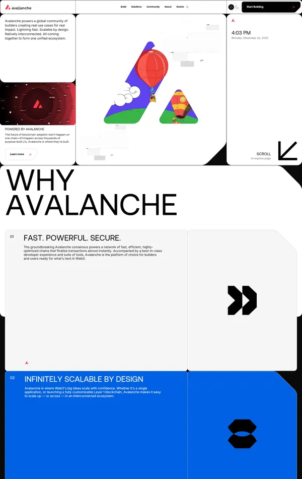 Главная Avalanche, тематика — Крипто  и блокчейн, цвета — Белый, Серый, Синий, стиль — Корпоративный, Полигональный, типографика — Без засечек
