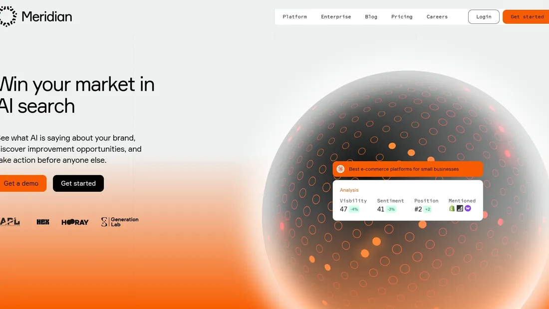 Секция «Призыв к действию» с сайта https://trymeridian.com/, тематика — IT и программное обеспечение, цвета — Белый, Серый, Оранжевый, стиль — Корпоративный, Полигональный, типографика — Без засечек