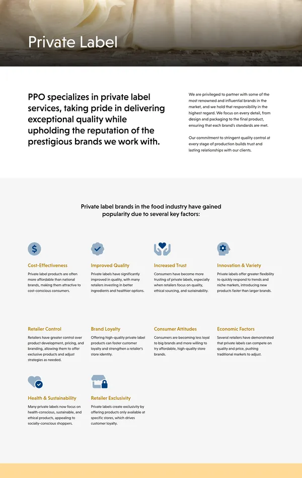 Страница о компании Oriental Pastry Products, тематика — Еда и напитки, цвета — Белый, Серый, Желтый, стиль — Корпоративный, типографика — Без засечек