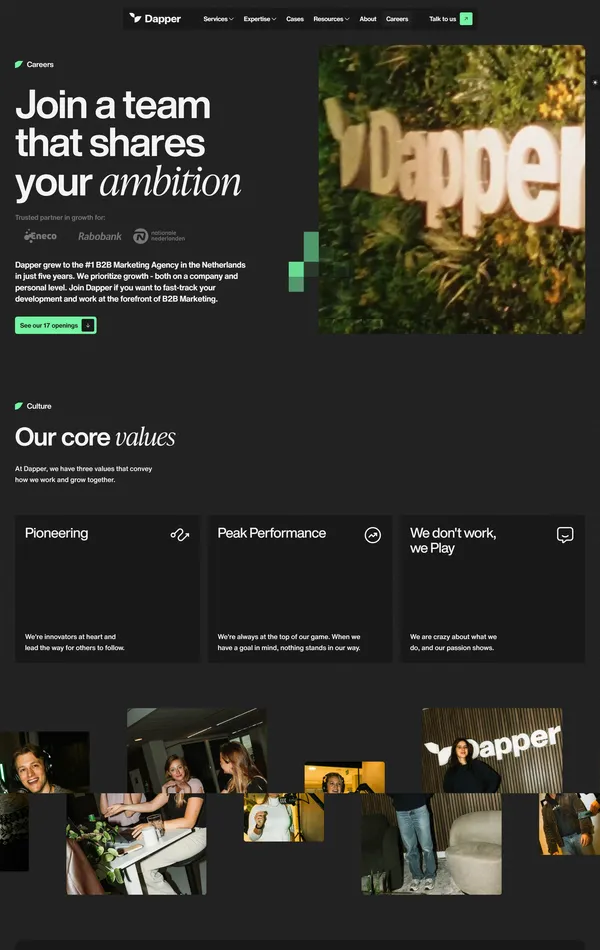 Страница карьеры Dapper, тематика — Агентство , цвета — Белый, Черный, стиль — Корпоративный, типографика — Без засечек