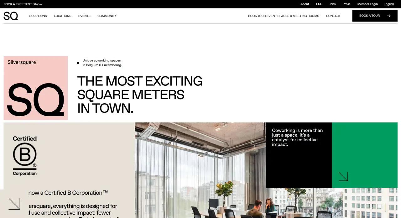 Секция «Первый экран» с сайта https://silversquare.eu/en, тематика — Комьюнити, цвета — Белый, Черный, Серый, стиль — Корпоративный, Минимализм, типографика — Без засечек