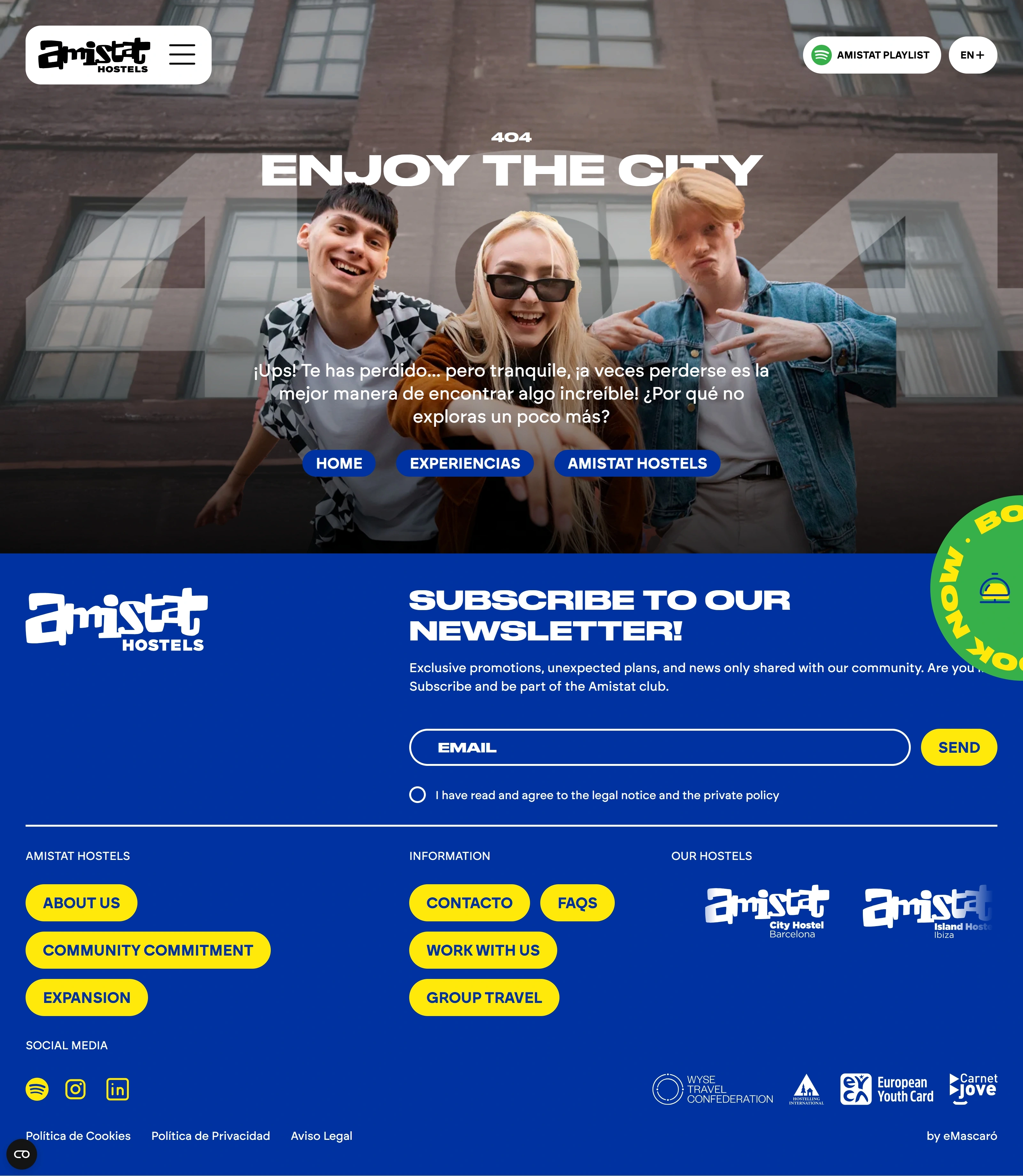 Amistat Hostels 404-страница Amistat Hostels, тематика — Размещение, цвета — Черный, Серый, Синий, стиль — Корпоративный, Фестивальный, типографика — Без засечек, Декоративные