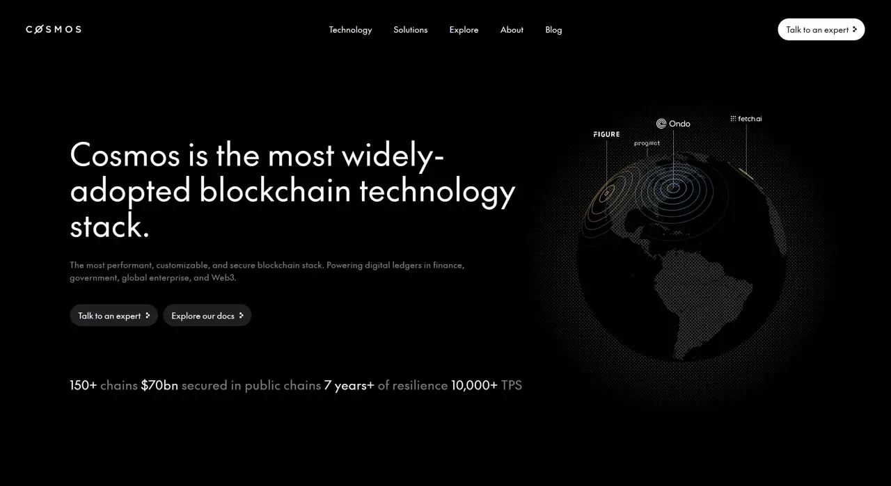 Секция «Первый экран» с сайта https://cosmos.network/, тематика — Крипто  и блокчейн, цвета — Черный, стиль — Корпоративный, Минимализм, типографика — Без засечек