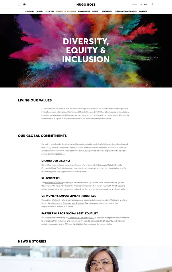 Страница о компании HUGO BOSS, тематика — Интернет-магазин, Одежда, цвета — Белый, Серый, стиль — Корпоративный, типографика — Без засечек